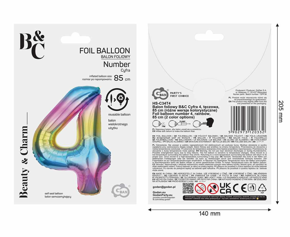 Foil balloon number 4, rainbow, 85 cm
